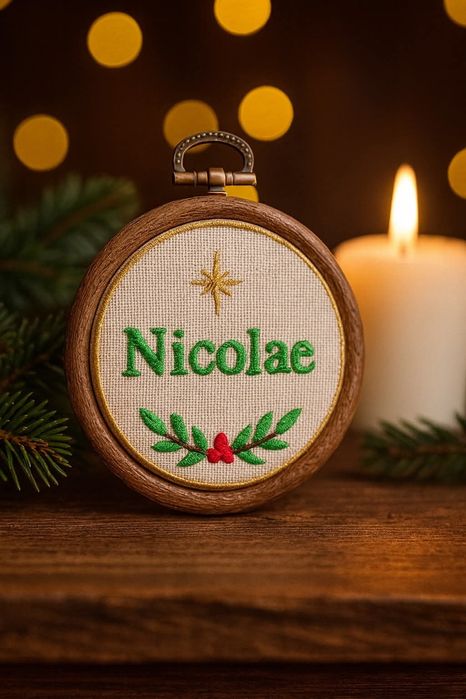 Glob brodat personalizat cu nume – ornament Crăciun handmade