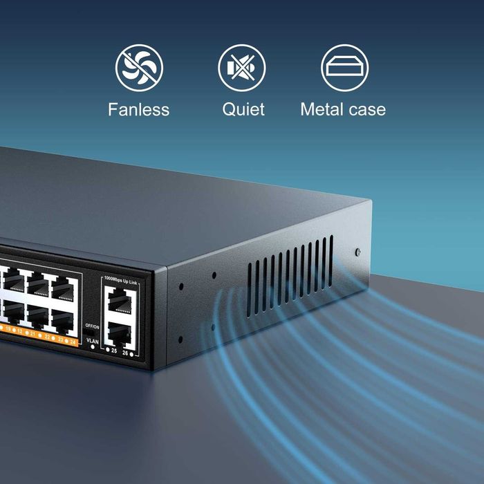 Switch rețea negestionat Gigabit Ethernet Vimin VM-GS-2420 24 port 2 port Uplink 1Gb,Suport IEEE802.3af/at VLAN montare rack 19 inch Plug and Play
