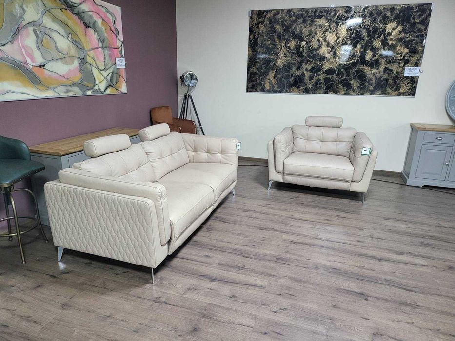 Кремав кожен диван тройка с ел. релакс механизъм и фотьойл