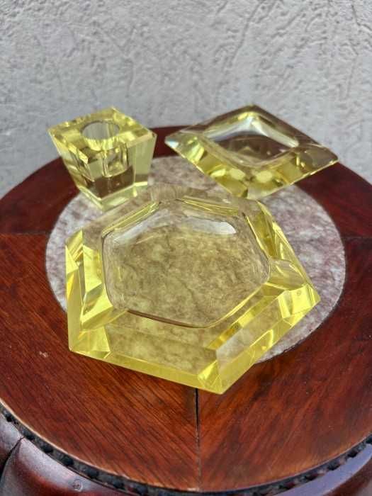 Elegant set cristal masiv-scrumiera hexagonala-scrumiera patrata-suport lumanare-Moser-Mid century-Germania