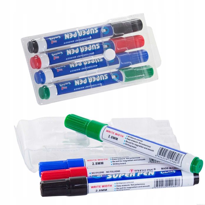 Set 4 Markere Whiteboard Lavabile Negru Albastru Rosu Verde 2.8 mm
