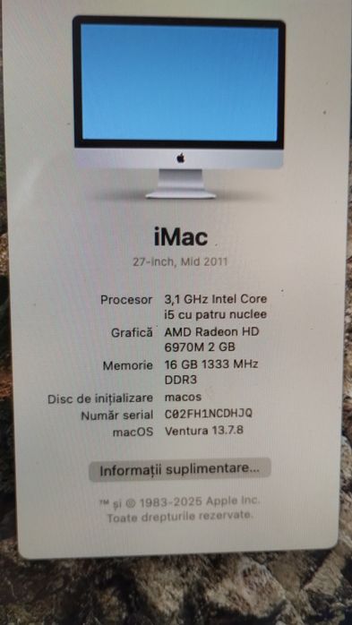 iMac 27 inch model 2011, procesor Intel i5 3,1GHz și 4 nuclee, SSD  240 Gb plus HDD 1Tb și 16Gb RAM