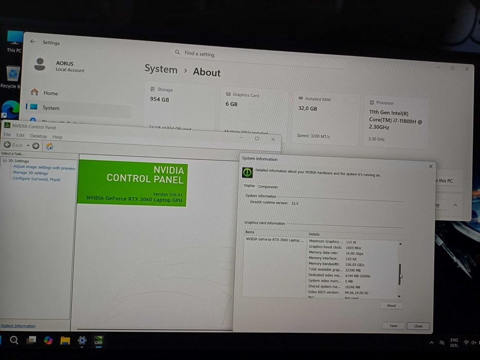 240Hz Gigabyte AORUS Core™ i7-11H/RTX 3060 6GB GDDR6/32GB RAM/1TB SSD
