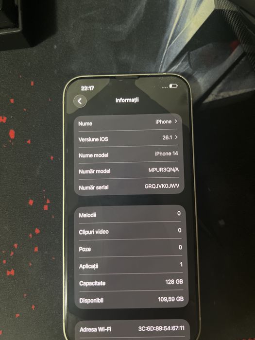 vand iphone 14 simplu 128 gb , 87% sanatate la baterie