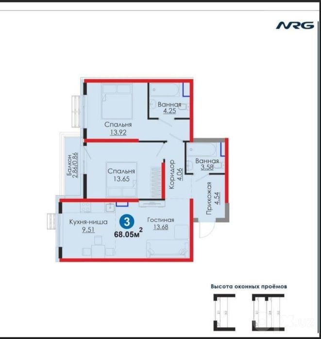3-комнатная квартира 68,05 м², Мирабадский район, 2 этаж,