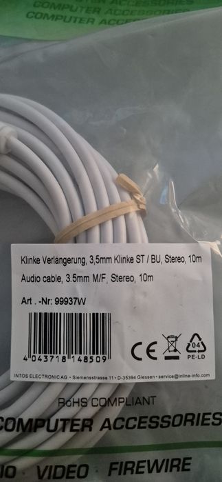 : Cablu prelungitor audio jack stereo 3.5 mm 3 pini T-M 10 m Alb