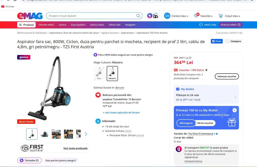 Aspirator fara sac, 800W, Ciclon, duza pentru parchet si mocheta, recipient de praf 2 litri, cablu de 4,8m, gri petrol/negru