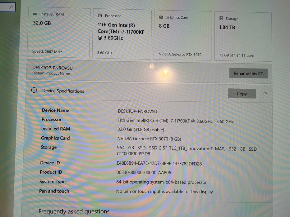 Геймърски i7 11700K/RТX 3070/32Gb рам/Nvme+SSD 2tb/Asus Top RGB