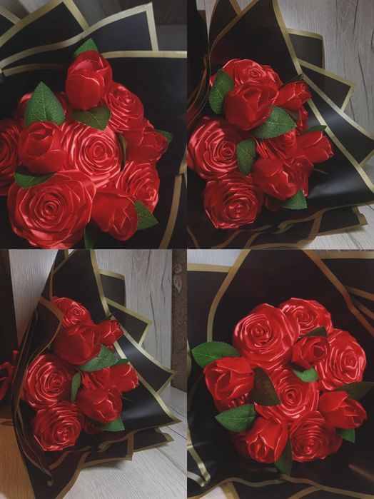 Букет из 4 тюльпанов и 7 роз атластных