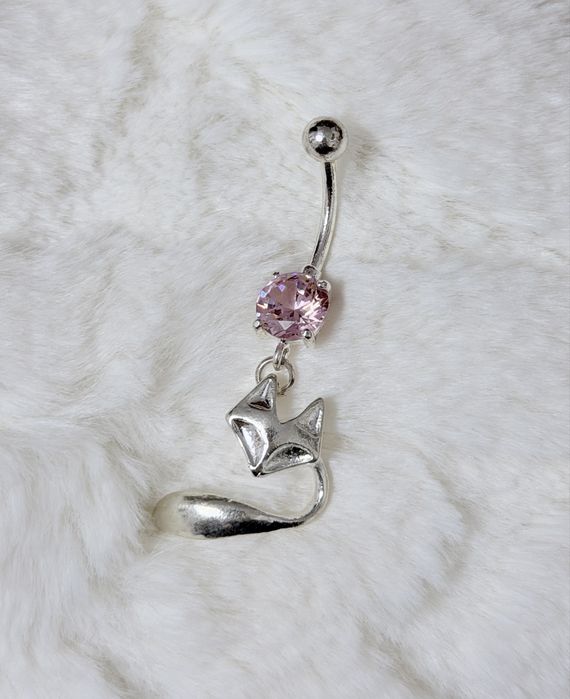 Piercing cercel pentru buric din otel inoxidabil argintiu model pisica cristal roz