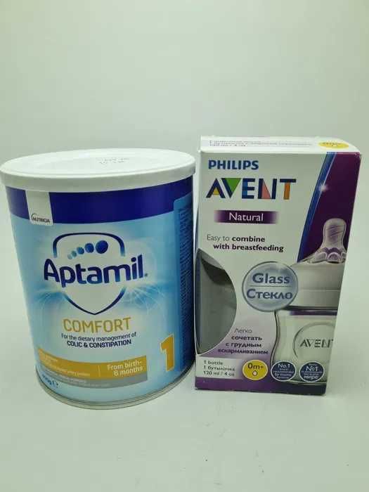 Philips Avent стъклено шише + 2 броя Aptamil Comfort от 0 до 6 месеца