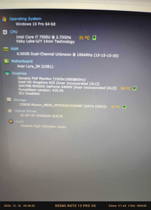 Laptop gaming Acer Travelmate P259, I7-7500U, 8Gb Ram, ssd256, pv dedi