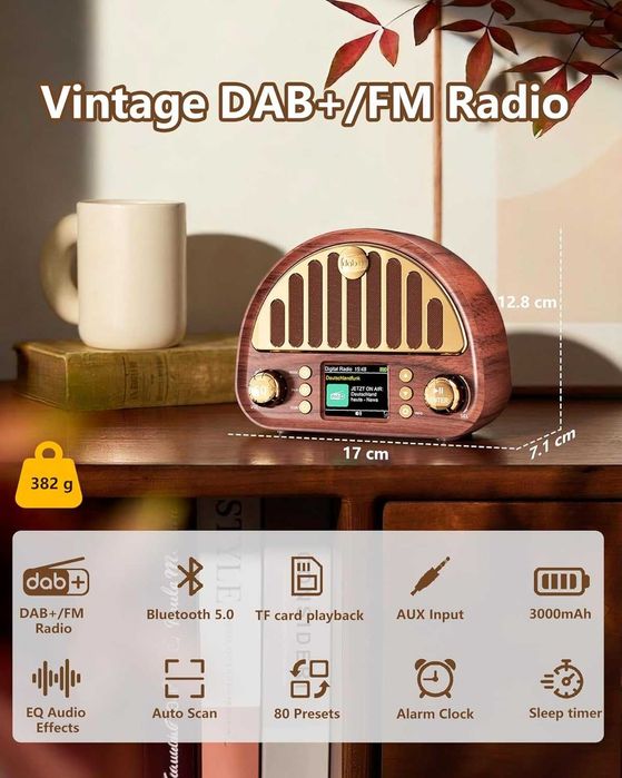 Винтидж DAB+/FM цифрово радио с Bluetooth, ретро преносимо, 3000mAh