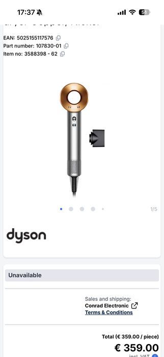 Uscător de păr Dyson Supersonic nou, 1600 W