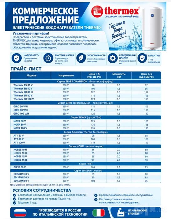 Водонагреватели 10–100л THERMEX, GIRO, NOVA, EDISSON.