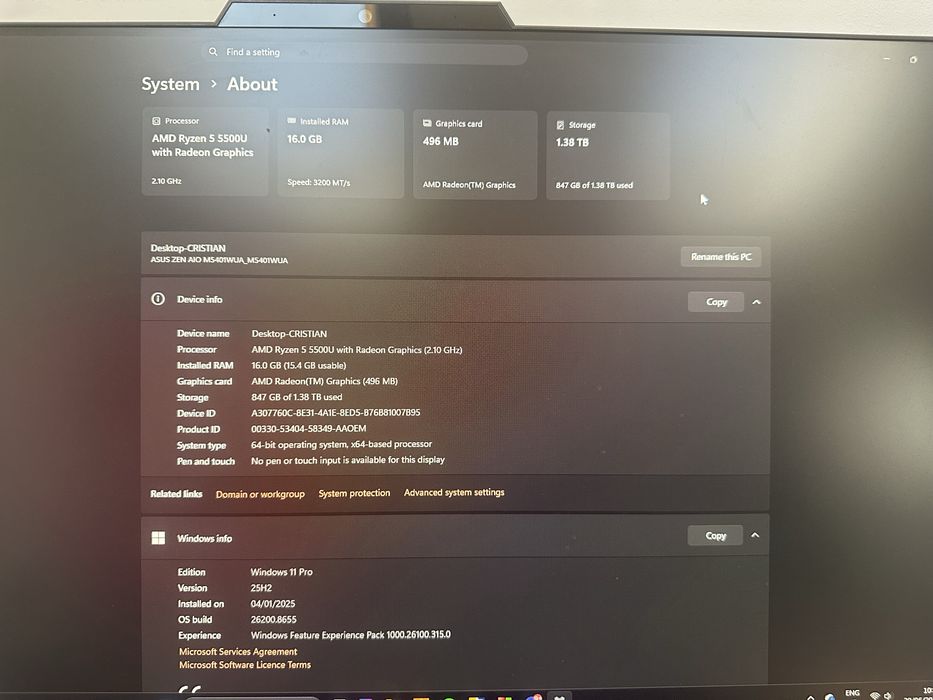 calculator ASUS Zen AiO M5401WUA all in one cu placa video integrata
