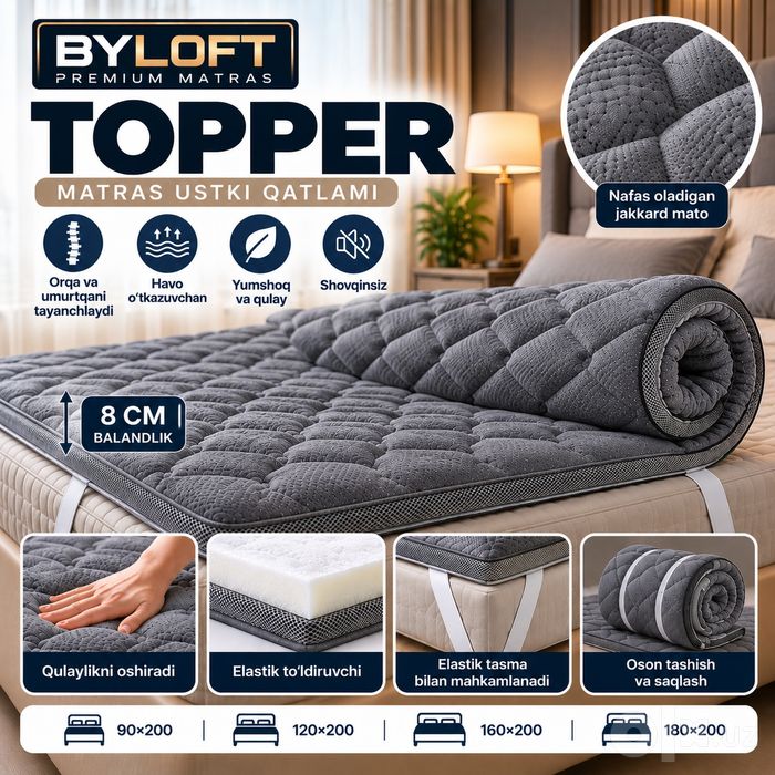 Sifatli Topperlar cotton jakkard materialidan qilingan, balandligi 8sm