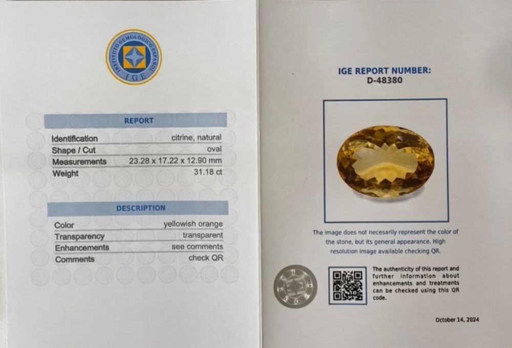 Citrin Natural 31.18 ct - Certificat IGE