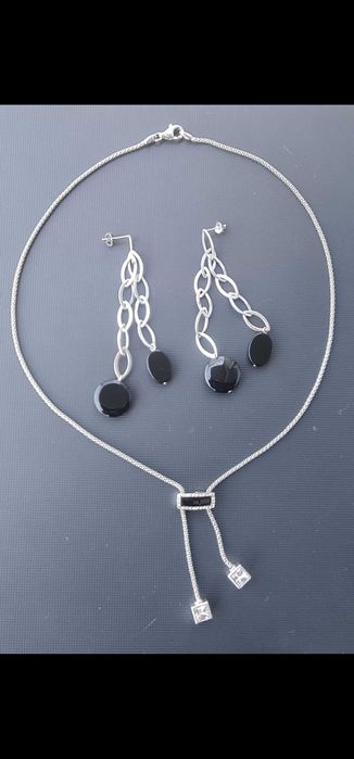 Дамски комплект, сребърно колие и обици, с камъни циркони и оникс 925