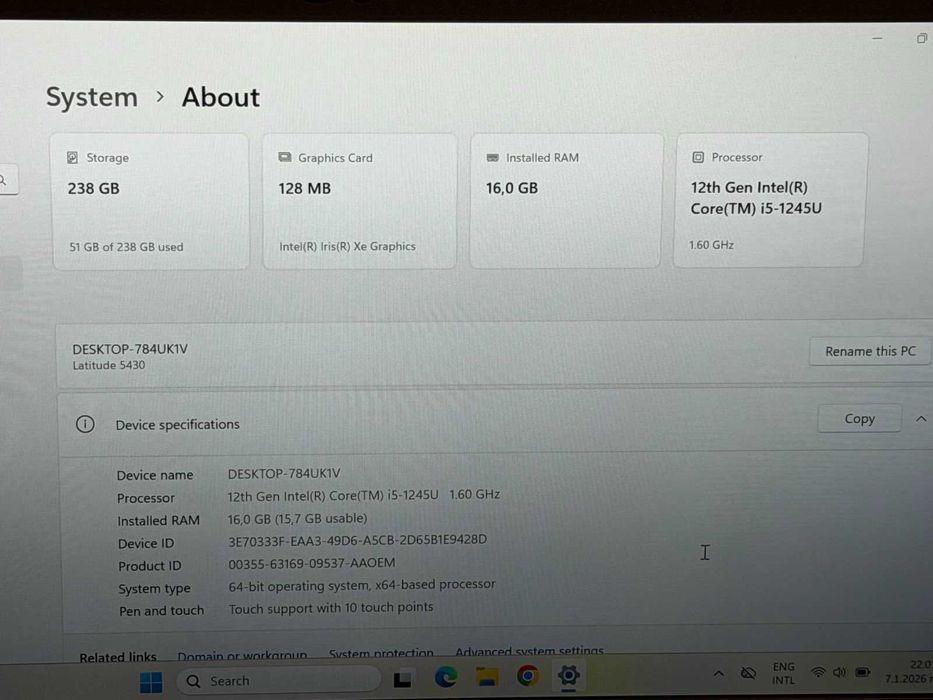Dell Latitude 5430 i5-1245U/16RAM DDR4/256GB SSD/Iris XE/Full HD тъч