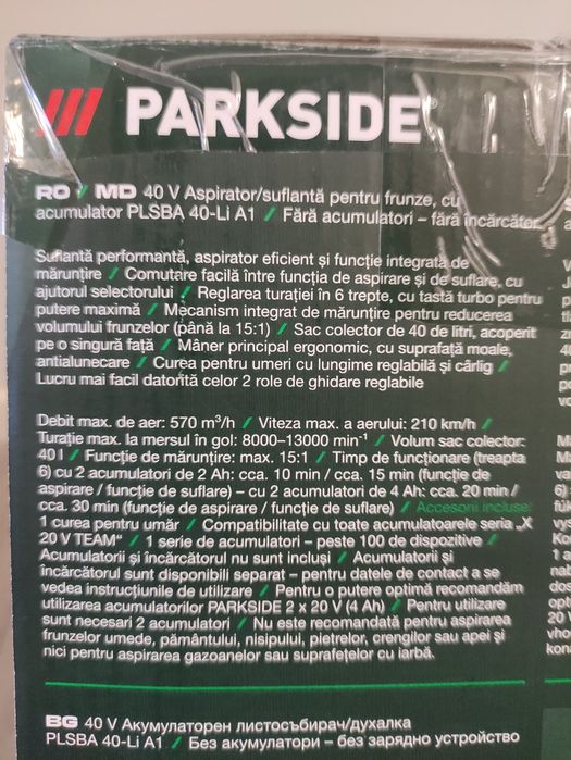 Suflanta aspirator tocator de frunze Parkside 40 V pe acumulatori
