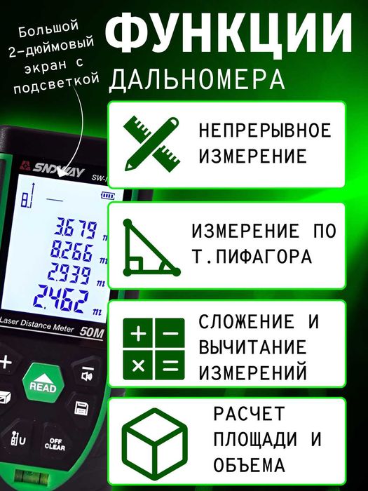 Дальномер лазерный SNDWAY SW-M50G/100G 50/100 метров. Зеленый луч.