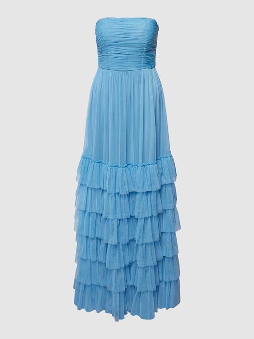 Официална дълга рокля тюлена с тюл синя lace&beads