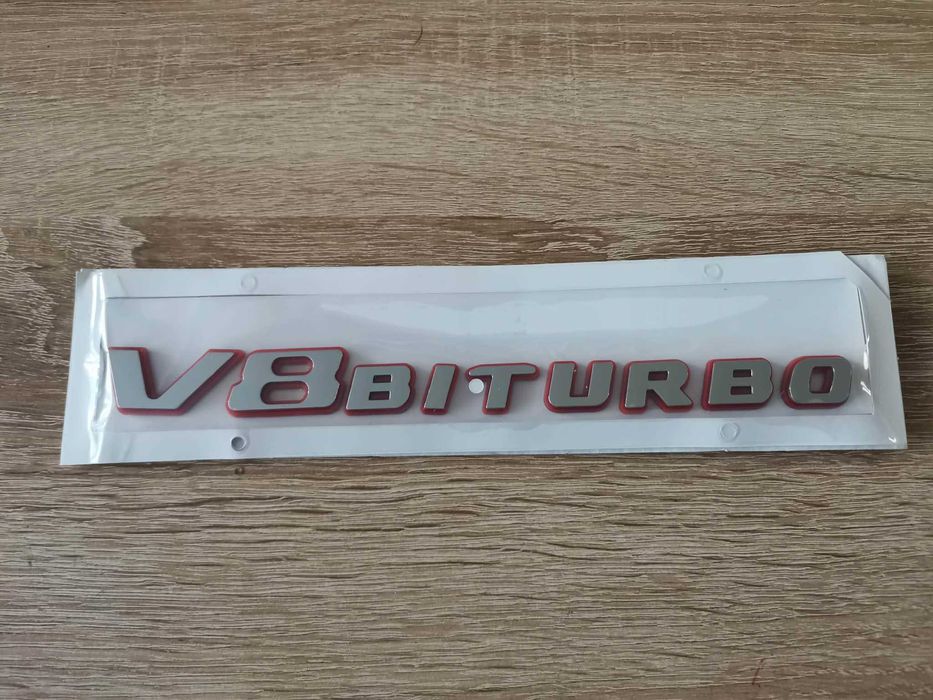 Mercedes Benz V8 Biturbo сребриста емблема с червен кант