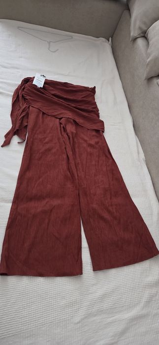 Pantaloni largi cu eșarfă Zara,cărămizi,material vascoza,marimea S noi,cu eticheta