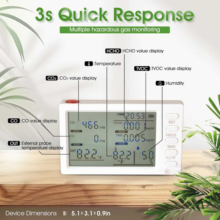 Kethvoz 8 в 1 Монитор за качество на въздуха на закрито с външна сонда