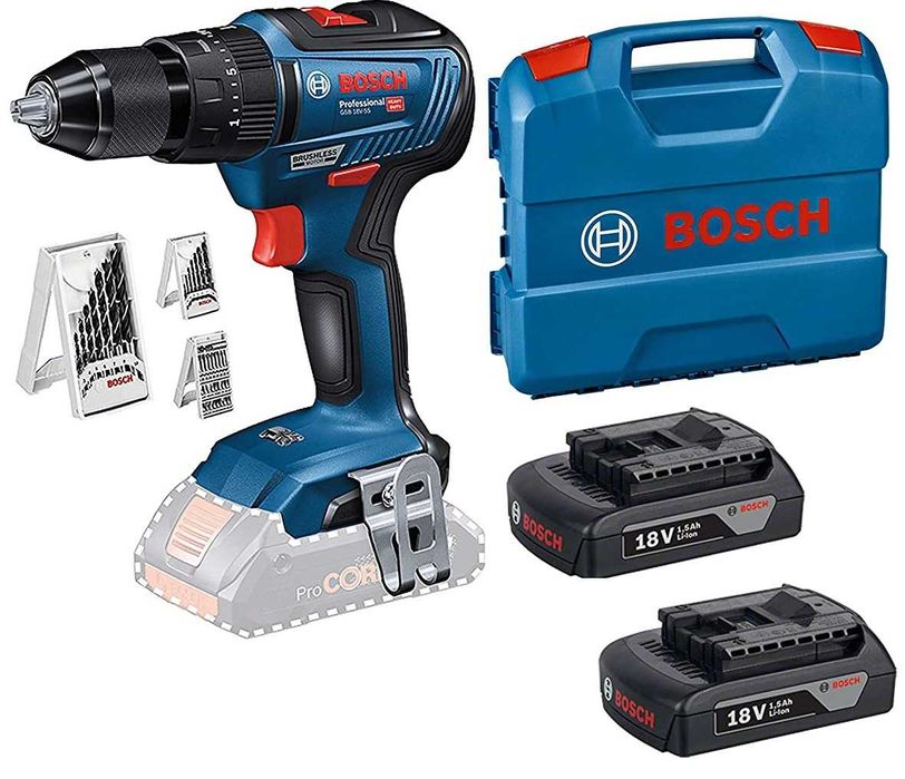 Професионален Ударен Винтоверт Bosch GSB 18V-55 Батерии Зарядно Куфар