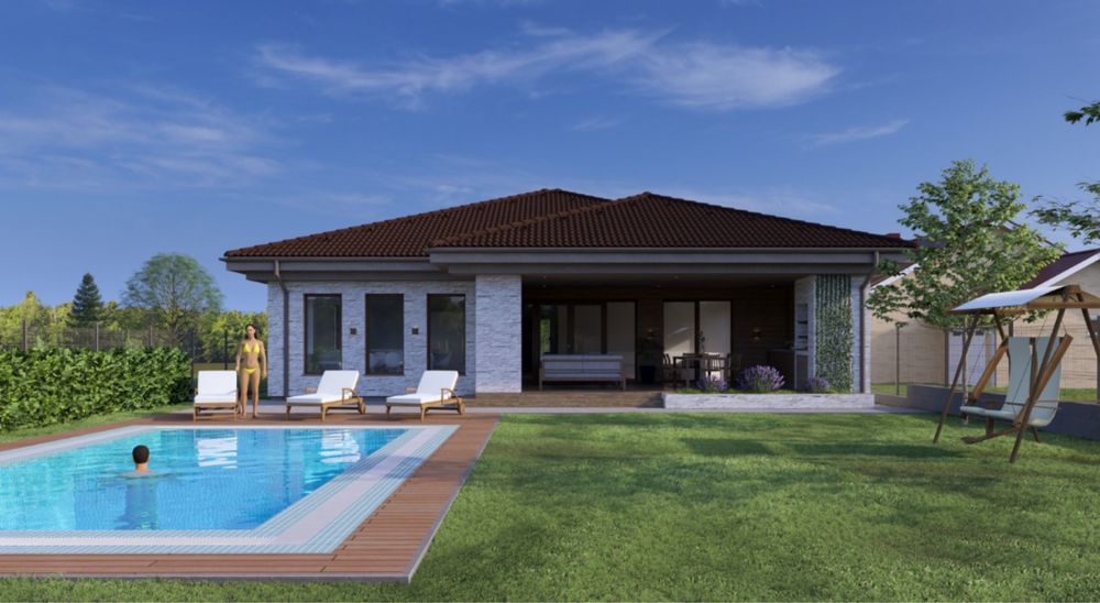 Casa mediteraniana pe 1 nivel 356 mp teren 1340 mp cu piscina drum privat exclusivist