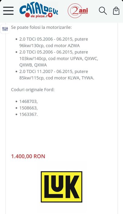 Volanta LUK noua 2.0 TDCi Ford Galaxy 2 C/S Max Focus 2 Kuga 1 Mondeo4