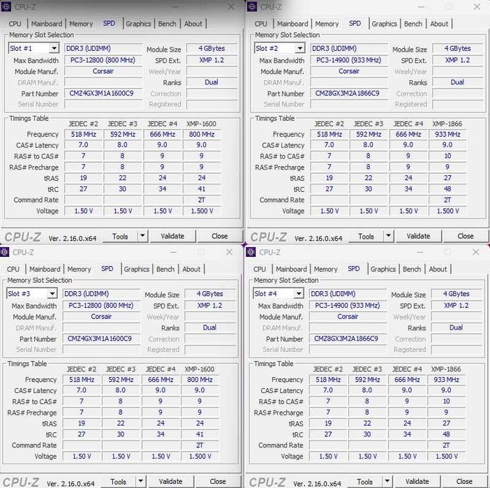 RAM DDR3 - Corsair Vengeance - 4x4 Gb 1866 (2) + 1600 (2) Mhz
