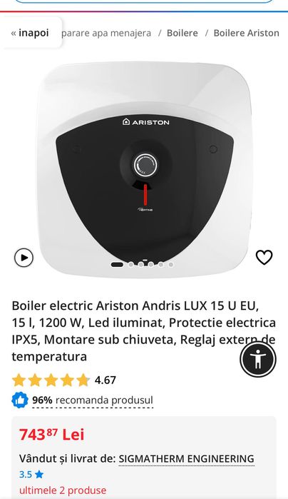 Boiler electric Ariston Andris LUX 15 U EU, 15 l, 1200 W, Led iluminat