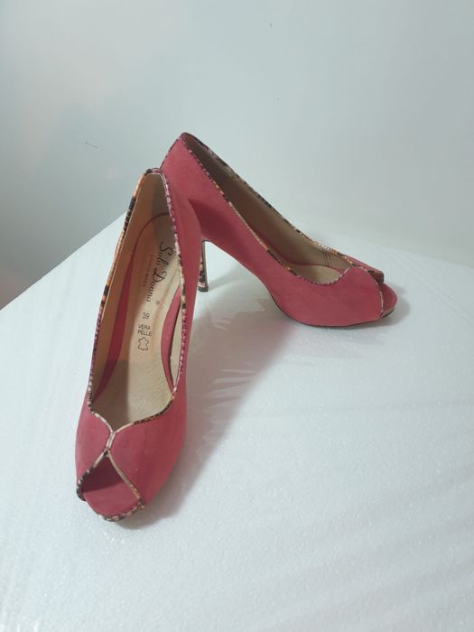 Pantofi toc piele naturala roz corai toc animal print