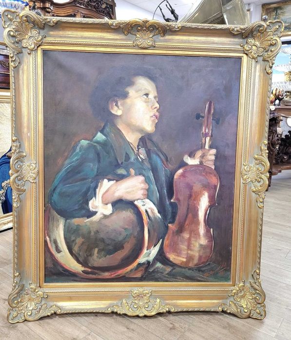 Pictură pe pânză- Portret de Băiat cu Vioară și Tamburină