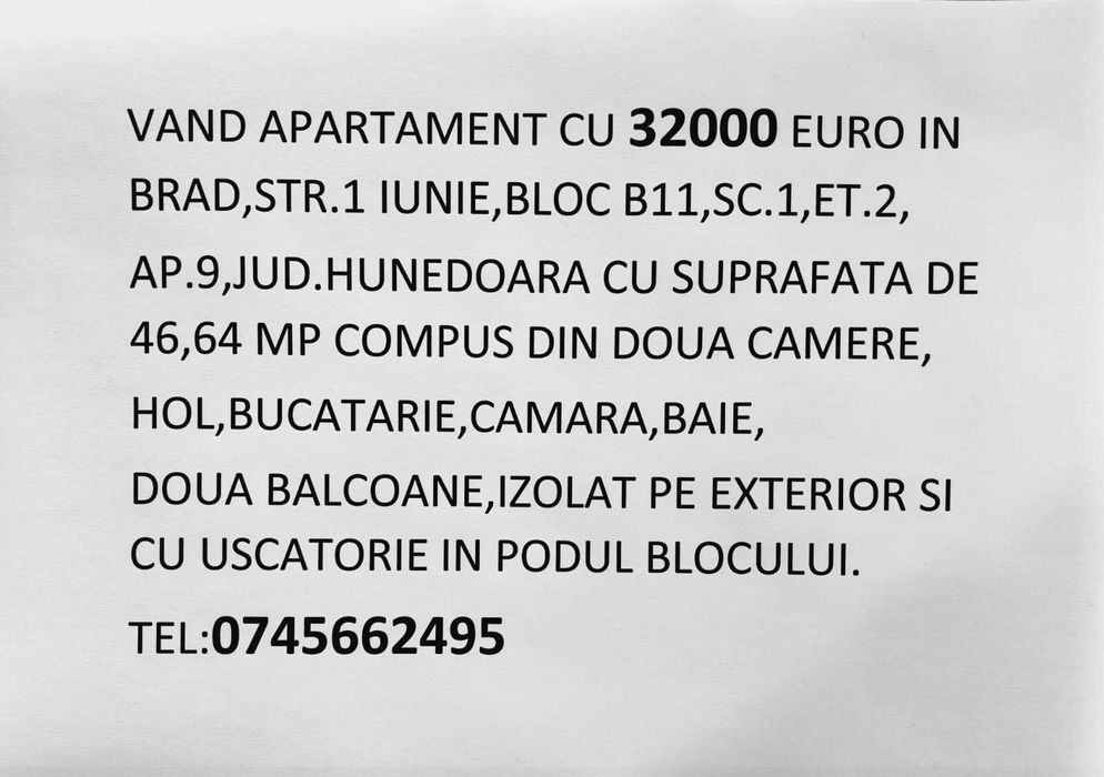 Vând apartament in Brad județul Hunedoara