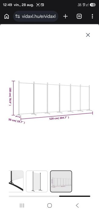 Paravan de cameră cu 6 panouri, material textil alb, 520x180 cm