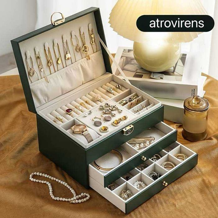 Голяма кожена кутия за бижута с много отделения черна - 7 вида