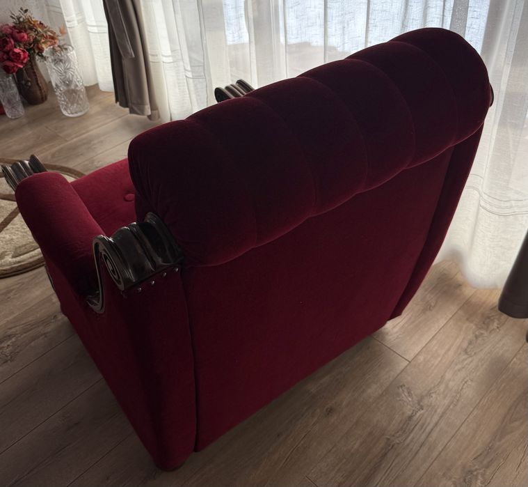 Canapea extensibilă + fotoliu din catifea vișinie, lemn masiv