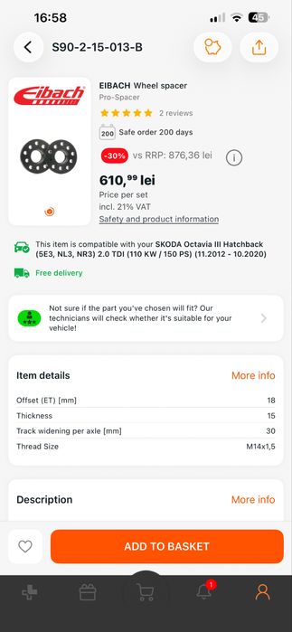 Distantiere si prezoane EIBACH 5x112 15mm (spacer)