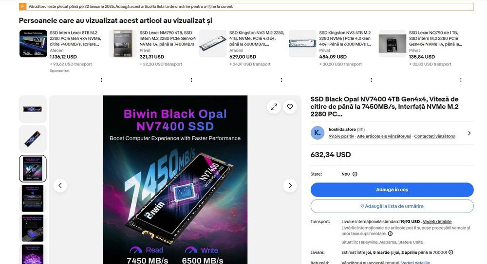 SSD Black Opal NV7400 de 4TB Gen4x4, Viteză 7450MB/s ,nou