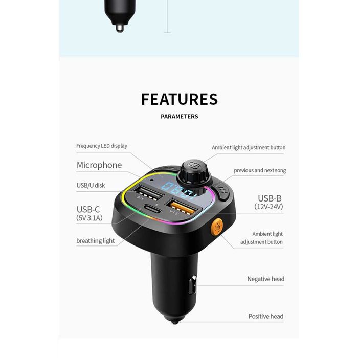 C28 CAR Bluetooth FM трансмитер - 3.1 А, 7 LED светлини, 2xUSB  TYPE C