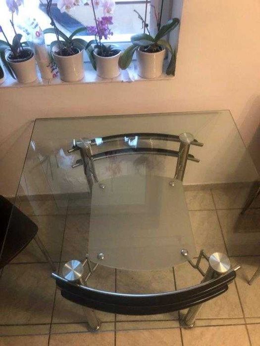 Masa bucatarie din sticla securizata, patrata, 1x1 m, picioare inox