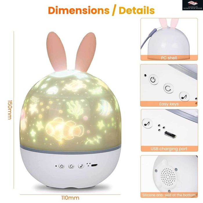 Нощна лампа за деца Планетариум, зайче с проектор и музика, Bluetooth