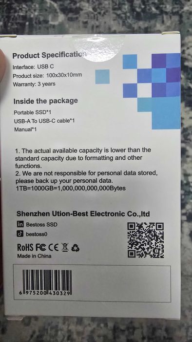 SSD portabil Bestoss, capacitate reala 1 tb, accept orice test, nou