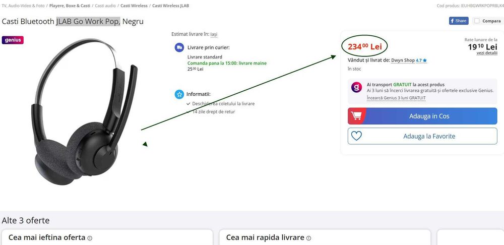 Casti Stereo JLAB Go Work Pop,Wireless, Bluetooth,Negru(Super Oferta).