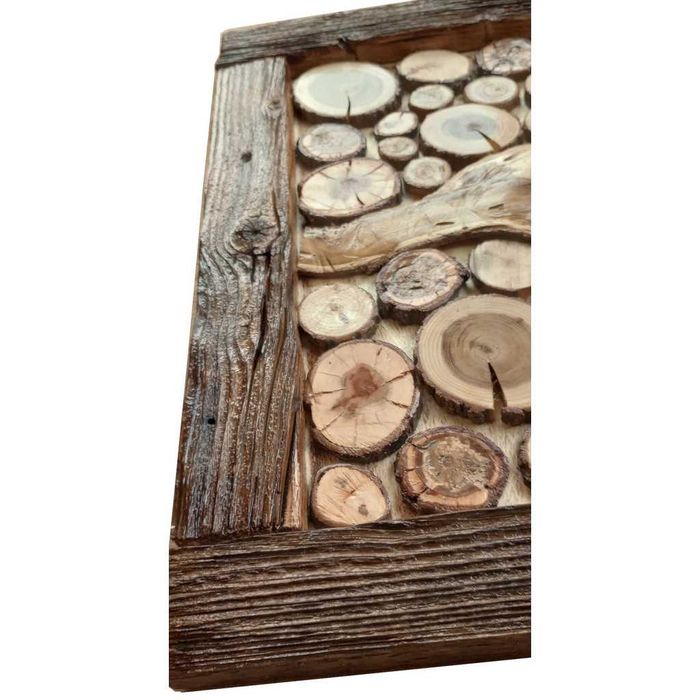 Tablou rustic handmade din rondele de lemn, rama arsa, lacuita