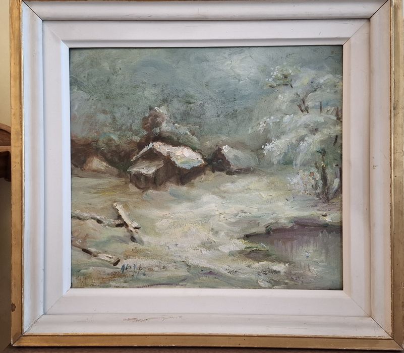 Tablou vechi, ulei pe carton, rama lemn, semnat